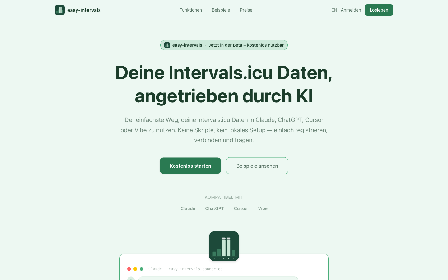 Startseite von easy-intervals mit der Überschrift Deine Intervals.icu Daten, angetrieben durch KI
