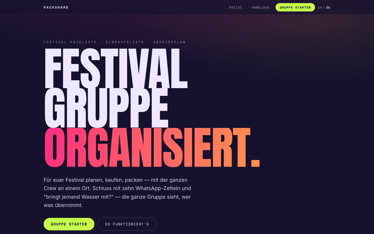 Startseite von packshare mit der großen Überschrift Festival Gruppe organisiert